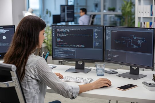 Young female software developer coding on dual monitors in a modern office. She is focused on programming, typing on keyboard and using mouse. This illustrates technological expertise and