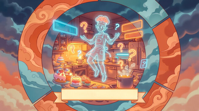 A cartoon of a chef in a kitchen with question marks on the wall