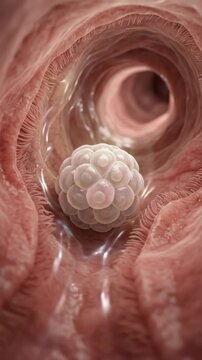 Organism genesis journey: human reproduce, internal view, embryo develop, cell divide, womb grow, life begin, prenatal stage, uterus habitat, gestation process, biological wonder, anatomy concept.