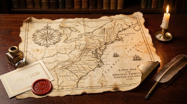 Aged 13 colonies parchment map, quill pen, and wax seal by candlelight