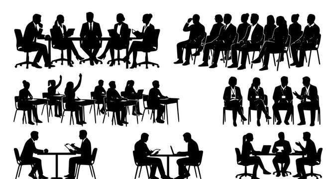 Modern seated people silhouette vector collection business meeting and student chair set