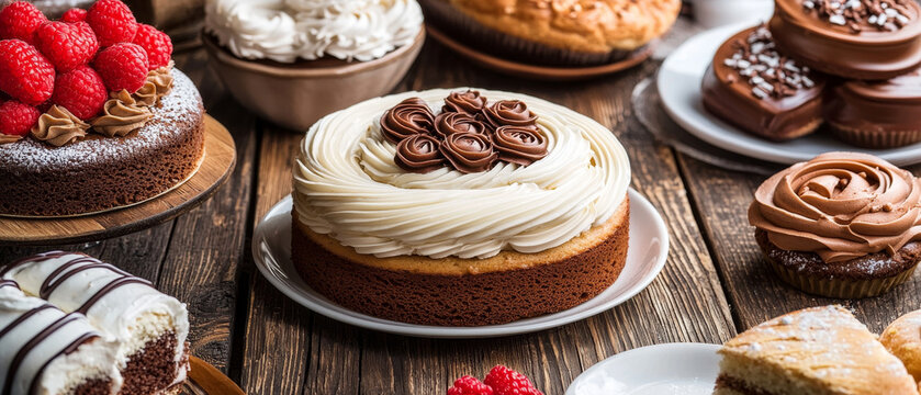 A delicious spread of assorted cakes, including raspberry chocolate and frosted vanilla, with cupcakes and pastries on a wooden table