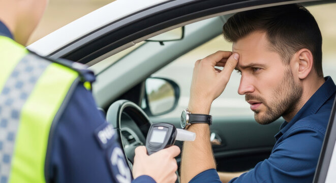 Male driver appears anxious as police officer conducts breathalyzer test inside vehicle during a traffic stop on a sunny day