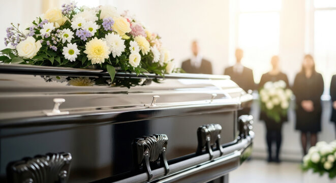 Black coffin adorned with flowers in a funeral setting, mourners standing in the background, soft lighting illuminating the scene