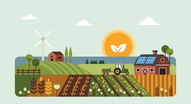 Sustainable Farm Landscape with Tractor, Wind Turbine, and Solar Panels
