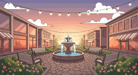 Pixel Art Town Square at Sunset with Fountain and String Lights © mawar