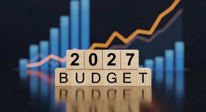 Wooden blocks displaying 2027 budget with financial graphs and charts in the background representing economic growth and planning strategies