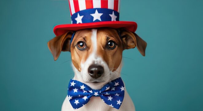 Festive jack russell terrier celebrating independence day with patriotic uncle sam hat and bowtie