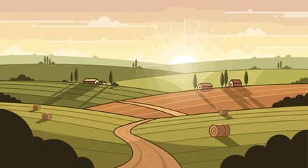 Sunrise over rolling hills and farmland with hay bales and country road © mawar
