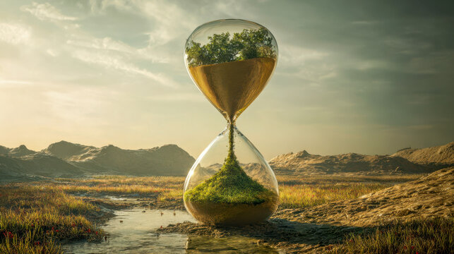 Hourglass with trees and sand measuring nature's time