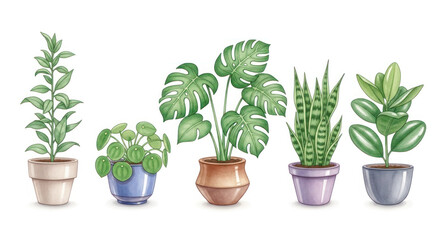 Obraz premium Illustration of five potted houseplants in various ceramic pots, showcasing diverse foliage and colors against a white background