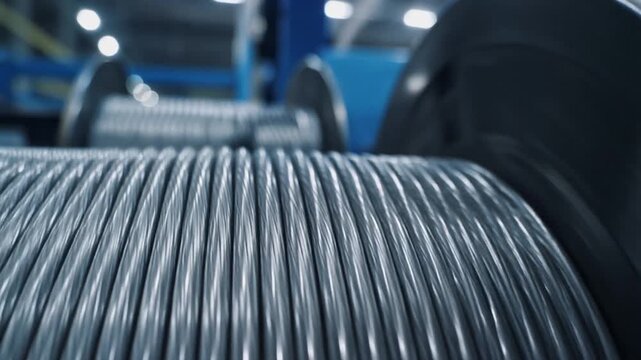 Industrial wire manufacturing with large spools of metal cable in a factory setting