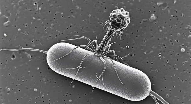 Microscopic Bacteriophage Infecting Rod Shaped Bacterium on Gray Scientific Background