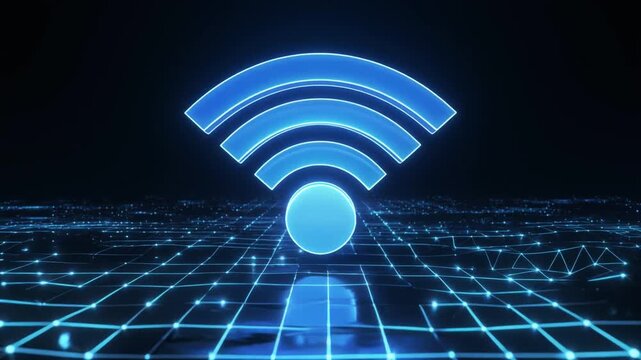 Glowing blue Wi‑Fi symbol above digital grid, representing wireless connectivity, modern communication, and futuristic data transmission.