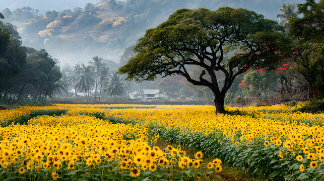 Sunflowers swaying in a field during golden hour, nature scene. gardening catalogs, home-decor guides, designed for home decor and floral branding and gardening and botanical catalogs.adulteration.