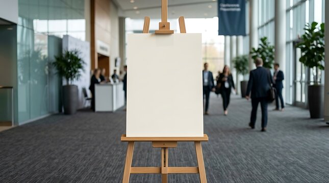 Blank White Poster on Easel in Busy Modern Office Hallway