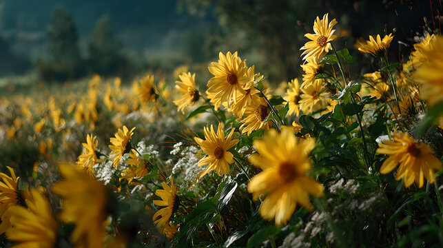 Sunflowers swaying in a field during golden hour, nature scene. gardening catalogs, home-decor guides, designed for home decor and floral branding and gardening and botanical catalogs.adulteration.