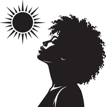 Woman with afro silhouette, looking up at sun, curly hair, radiant sun symbol, black and white vector art, natural beauty, powerful expression.