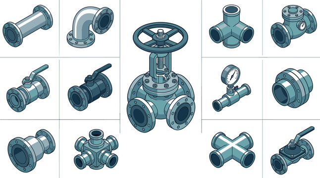 Industrial pipe fittings and valve collection vector illustration featuring flanges connectors gauges and flow control components for engineering and pipeline systems