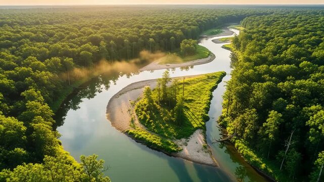 Aerial view of a winding river through a lush green forest at sunrise