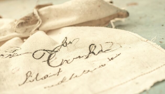 A close-up of a tattered vintage child's handkerchief with barely visible embroidered initials on a soft fabric texture
