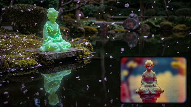 A statue of a woman sitting on a rock in a pond