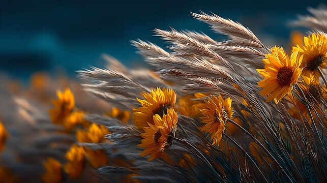 Sunflowers swaying in a field during golden hour, nature scene. gardening catalogs, home-decor guides, designed for home decor and floral branding and gardening and botanical catalogs.adulteration.