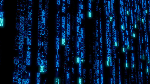 Futuristic Digital Display of Dense Blue and Green Binary Code on Black Background, Ideal for Gaming, Technology, and Data Visualization Projects