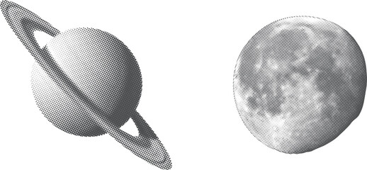 Planet Saturn and full Moon illustration set with realistic celestial astronomy details. Scientific space elements for education and exploration themes. High quality vector graphics collection. © Parul