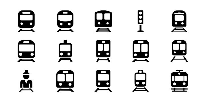 Trains icon set with various styles and designs including a traffic light and a conductor featuring icons, transportation, transit with subway and
