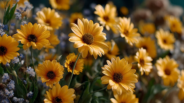 Sunflowers swaying in a field during golden hour, nature scene. gardening catalogs, home-decor guides, designed for home decor and floral branding and gardening and botanical catalogs.adulteration.
