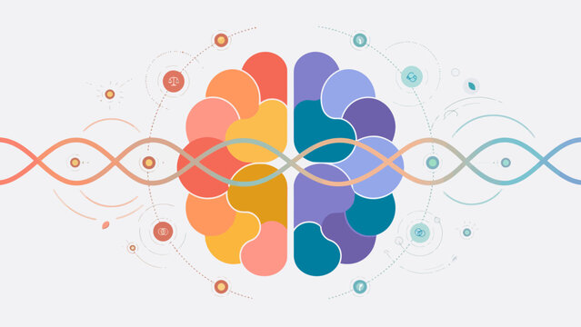Abstract vector illustration of mental balance, a human brain divided into warm and cool color sections with flowing lines