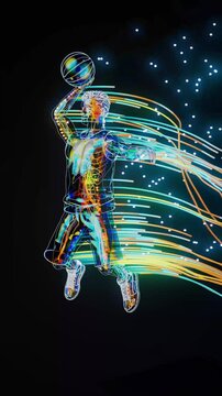 Conceptual 3D animation of a basketball player dunking in vertical format