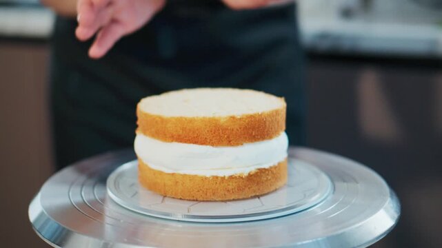 Hands carefully place cake layers on turntable. Baker adjusts position before frosting. Tool smooths cream between sponge tiers. Calm, focused expression shows precision. Ideal for baking tutorials