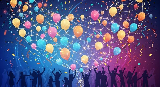 Festive Celebration with Balloons and Silhouetted Crowd.