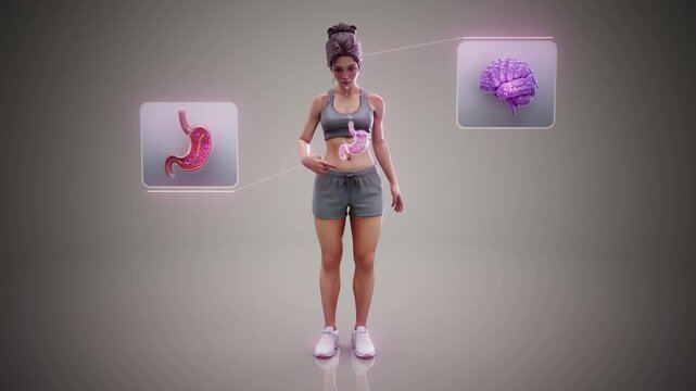 Conceptual 3D animation of a fit woman showing her stomach with ghrelin molecules