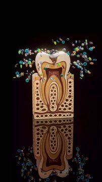 Conceptual 3D animation of tooth decay with bacteria in vertical format