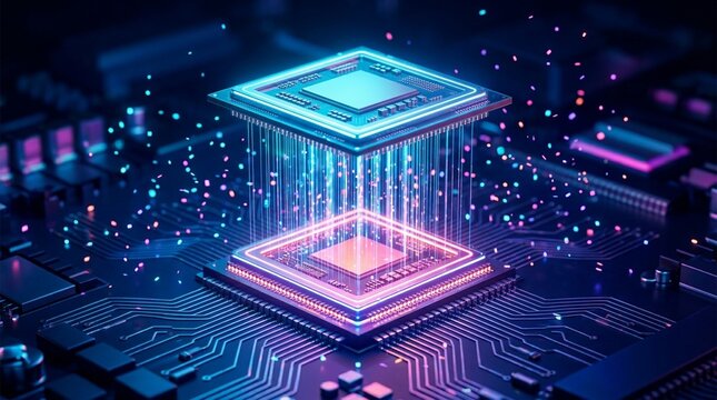 Futuristic Quantum Processor with Neon Light Effects and Data Streams on a Circuit Board Background