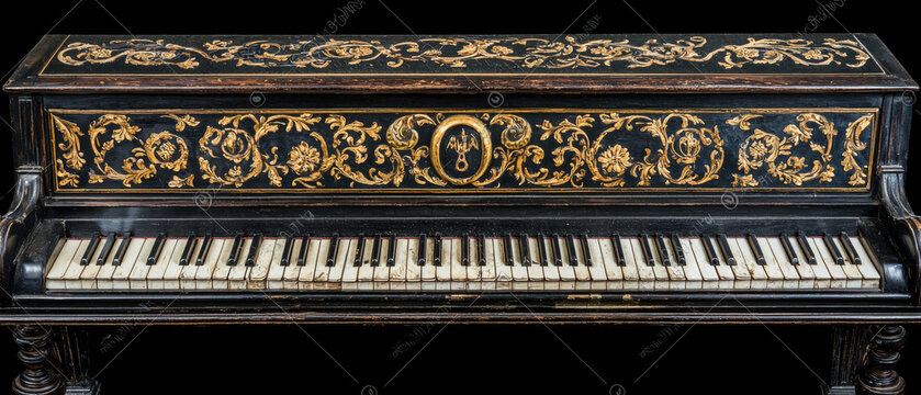 Antique black piano adorned with intricate gold floral patterns and discolored, well-worn white and black keys