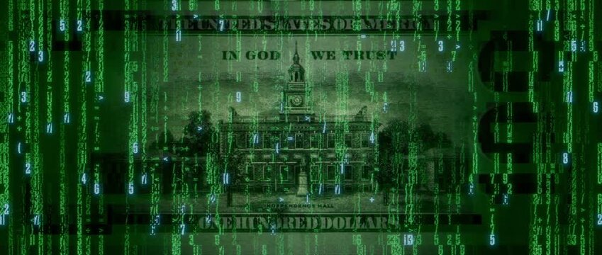 Electronic Cash Concept with One Hundred Dollar Bill made from Animated Numbers and Symbols. Cryptocurrency Banking Background.