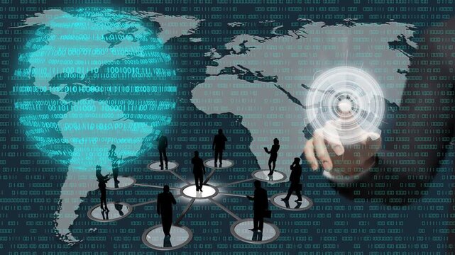 Filmato. Illustrazione 3D. Sfondo mondo digitale. Sequenza di zero e uno concetto di connessione globale tra persone, social network, e dispositivi informatici