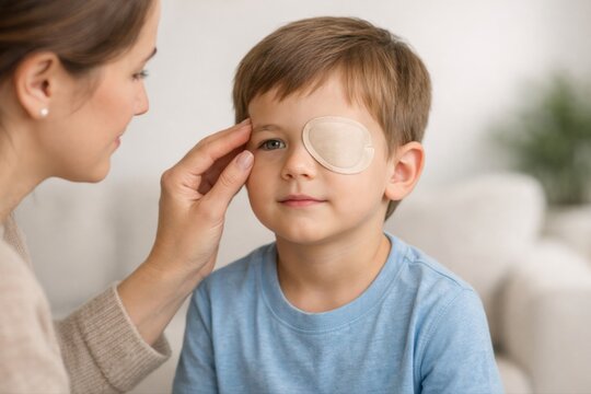 Eye patch smoothing on child shows amblyopia support vision therapy daily care and pediatric eye treatment concept for healthcare marketing and stock use at home