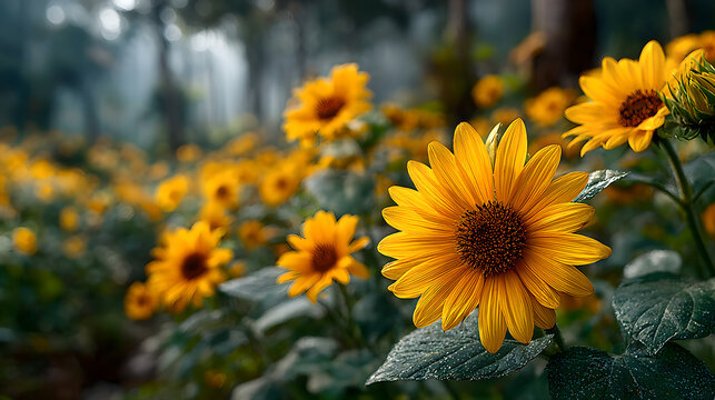 Sunflowers swaying in a field during golden hour, nature scene. gardening catalogs, home-decor guides, designed for home decor and floral branding and gardening and botanical catalogs.adulteration.