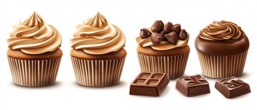 Assortment of delicious cupcakes featuring creamy frosting, chocolate chips, and various chocolate candies, all on a clean white background