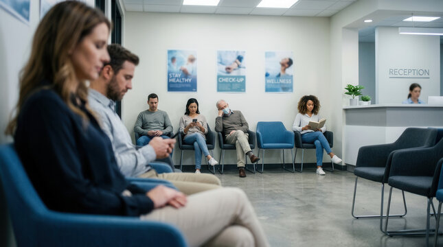 People Waiting in Modern Medical Clinic or Doctor's Office for Appointment