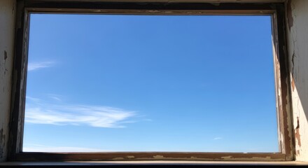 Fototapeta premium A clear blue sky seen through a weathered window frame. The sky is mostly clear with a few wispy clouds. The window frame is old and worn, with peeling paint and visible damage.