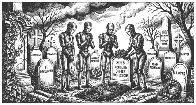 robots gathered around a grave listing human professions, symbolizing AI replacing jobs like developers, designers, and marketers sketch engraving generative ai raster illustration. Black and white.