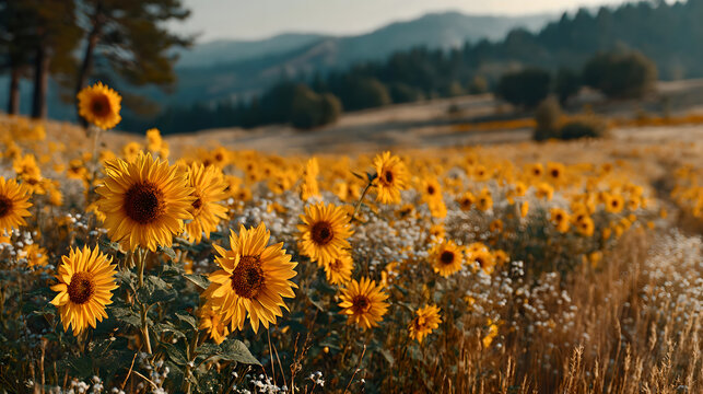 Sunflowers swaying in a field during golden hour, nature scene. gardening catalogs, home-decor guides, designed for home decor and floral branding and gardening and botanical catalogs.adulteration.