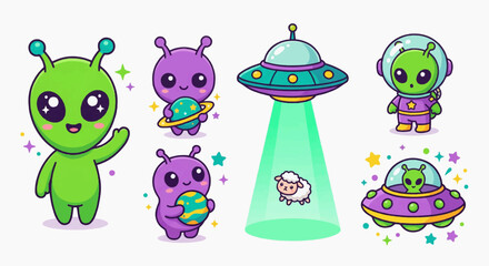 Obraz premium Cute Alien and UFO Character Set Flat Kawaii Vector Collection, Fun Outer Space Cartoon Illustration