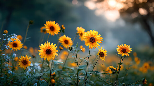 Sunflowers swaying in a field during golden hour, nature scene. gardening catalogs, home-decor guides, designed for home decor and floral branding and gardening and botanical catalogs.adulteration.